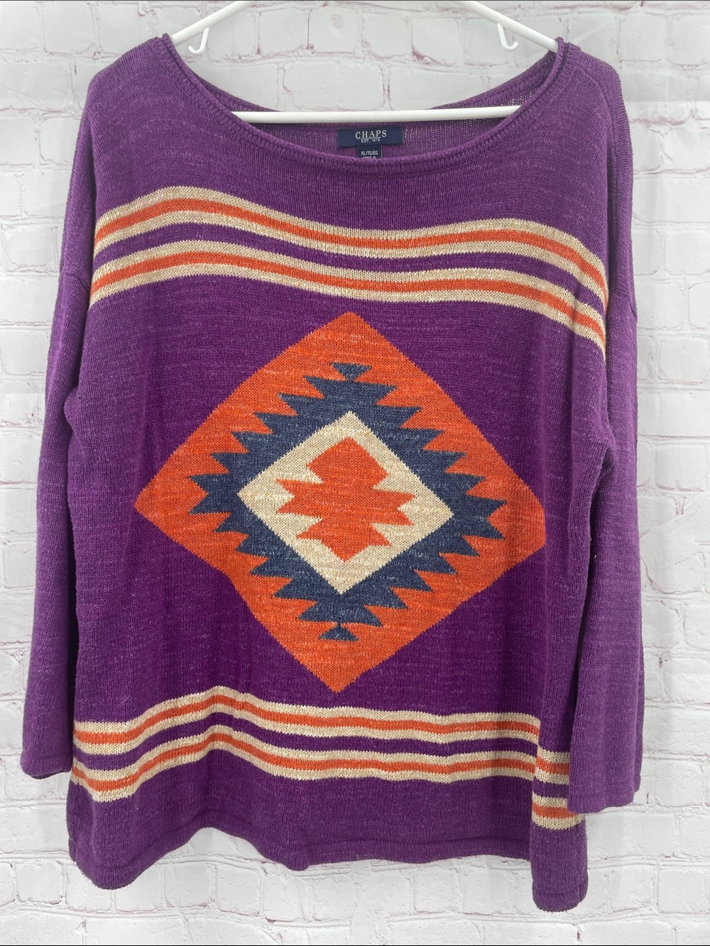 Chaps Purple Aztec Diamond Knit Pullover Southwestern Purple 100% Cotton XL